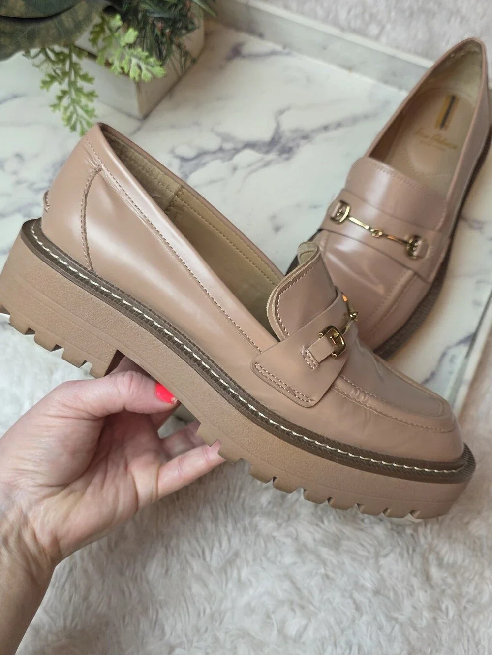 SAM EDELMAN Laurs Lug Sole Loafer In Tan Horsebit Chunky Preppy Academia Size 8
